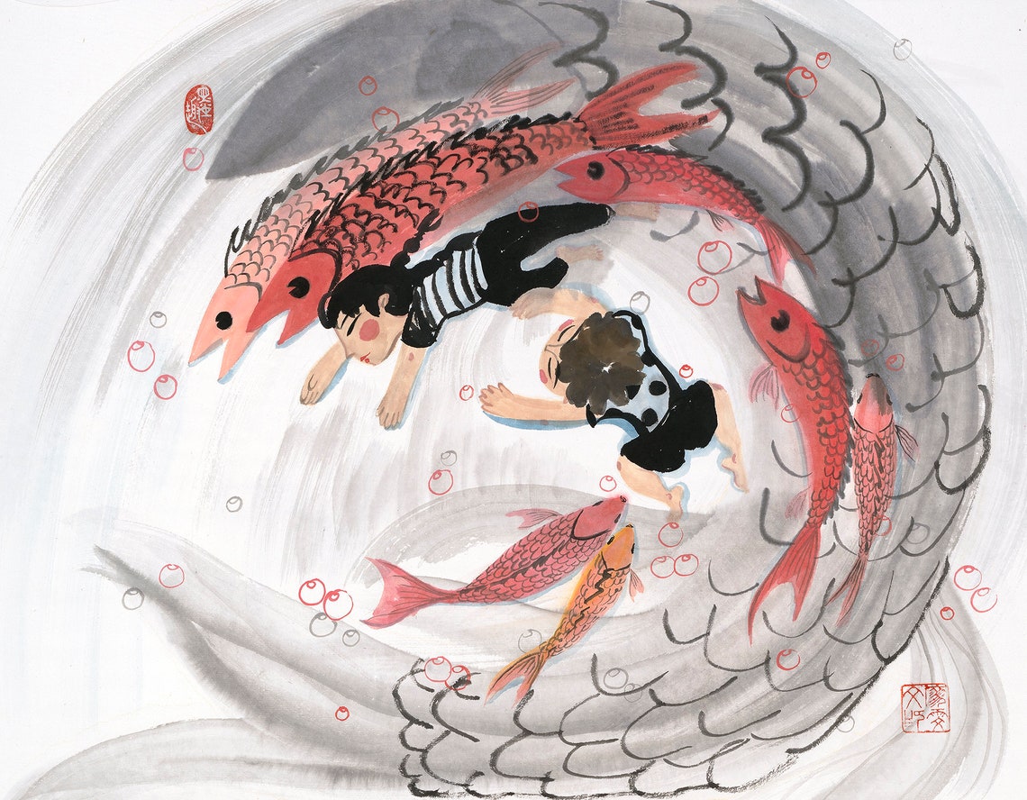 Two Kids Swimming With Koi Fish Swirl Ink Wash Playful Poster - Image 3