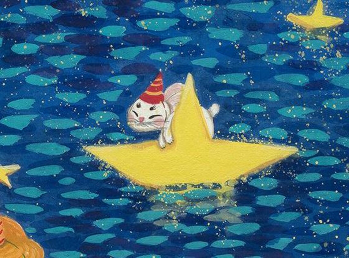 Kids Celebrating On Yellow Stars Ocean Night Art Party Poster - Image 2