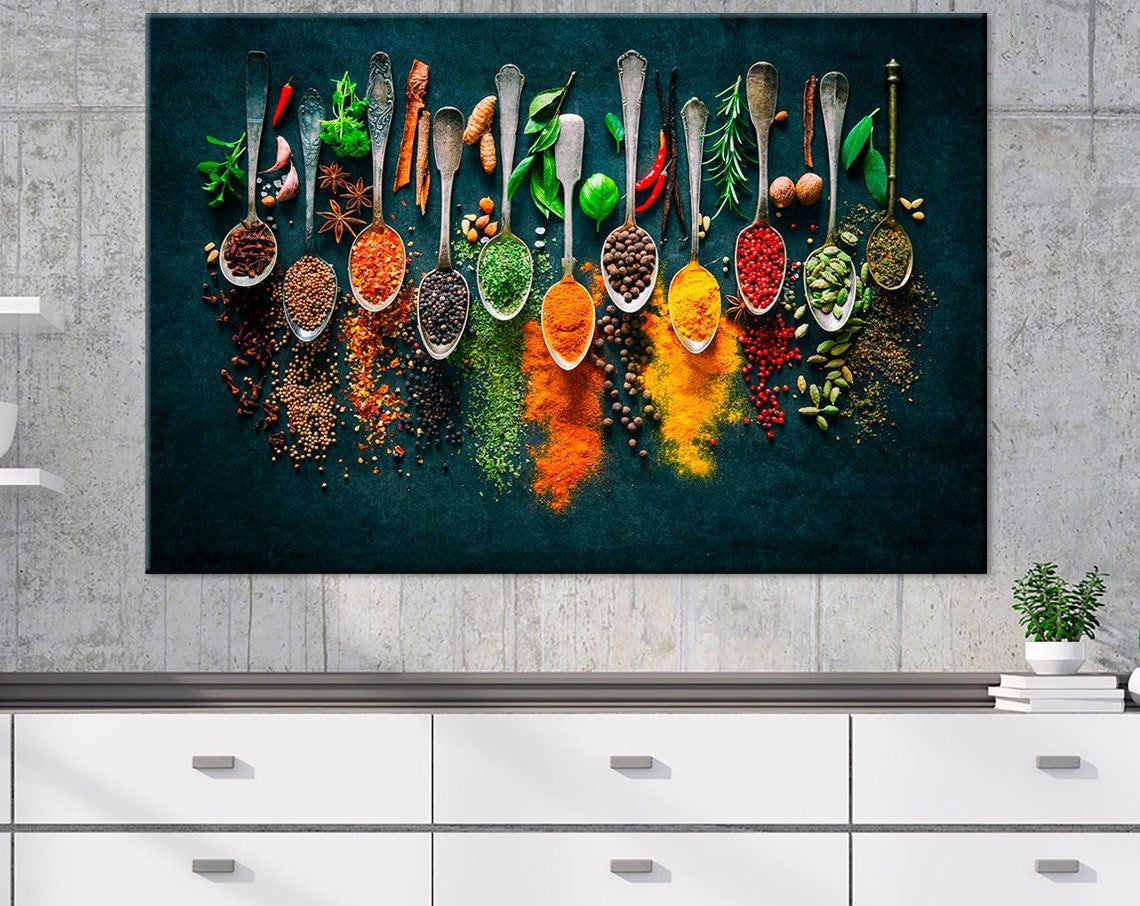 Spice Spoons Colorful Herbs Dark Background Kitchen Decor Poster