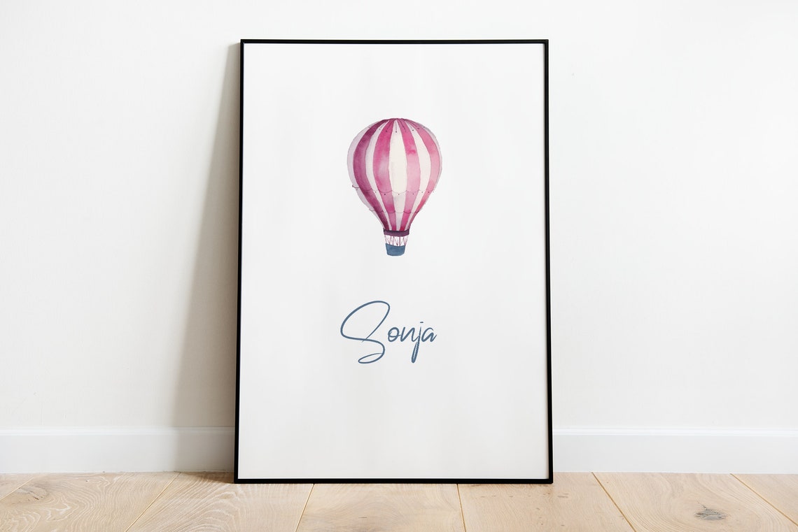 Personalized Pink Hot Air Balloon Name Watercolor Kids Poster