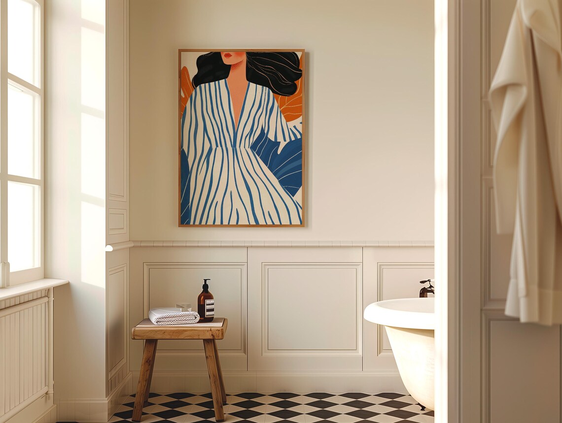 Elegant Woman in Blue Striped Dress Matisse Style Portrait Poster - Image 3