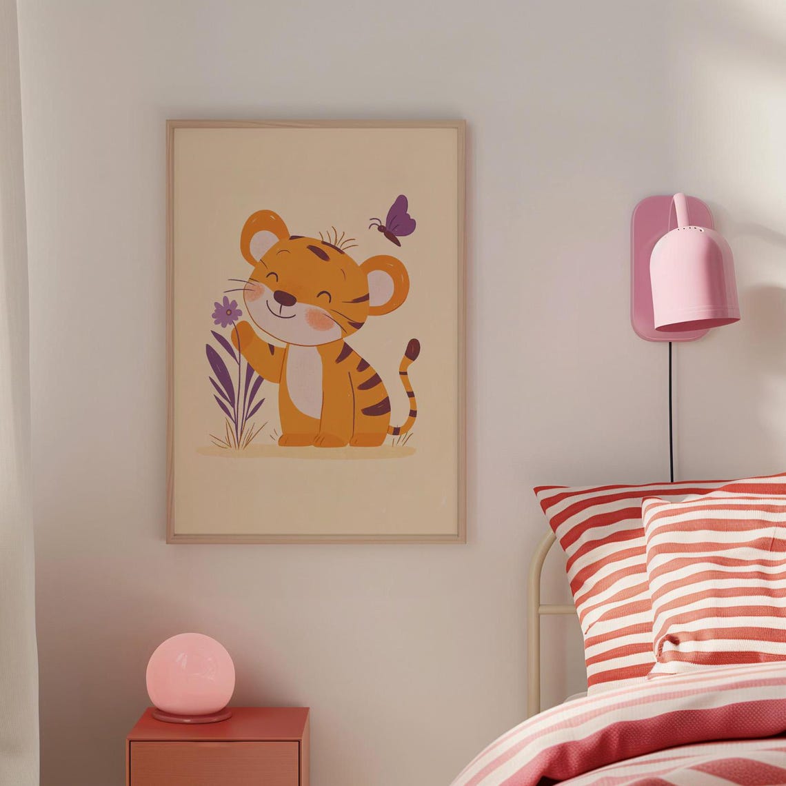 Smiling Tiger Cub With Butterfly Cute Nursery Animal Wall Poster