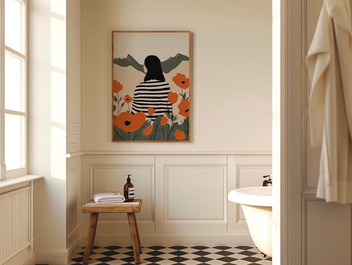 Dreamy Woman Among Orange Poppies Vast Mountains Boho Art Poster - Image 4