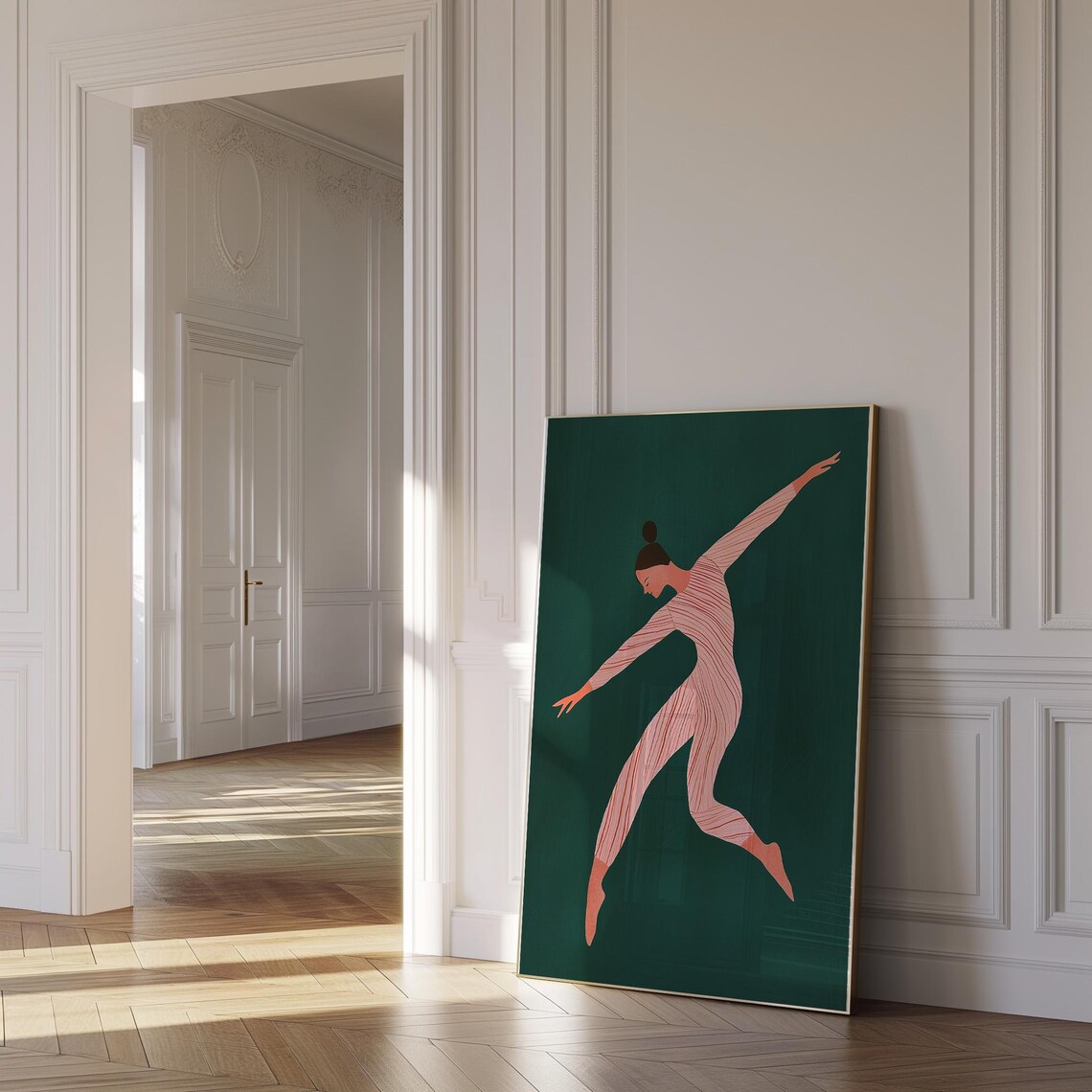Ballerina in Mid Leap in Pink Bodysuit on Emerald Green Poster - Image 2