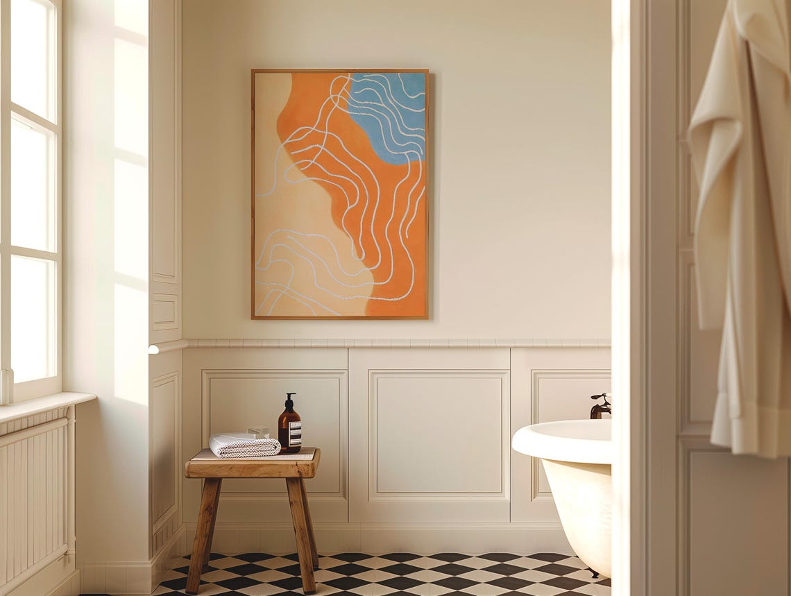 Orange Blue Abstract With White Squiggle Lines Modern Art Poster - Image 5