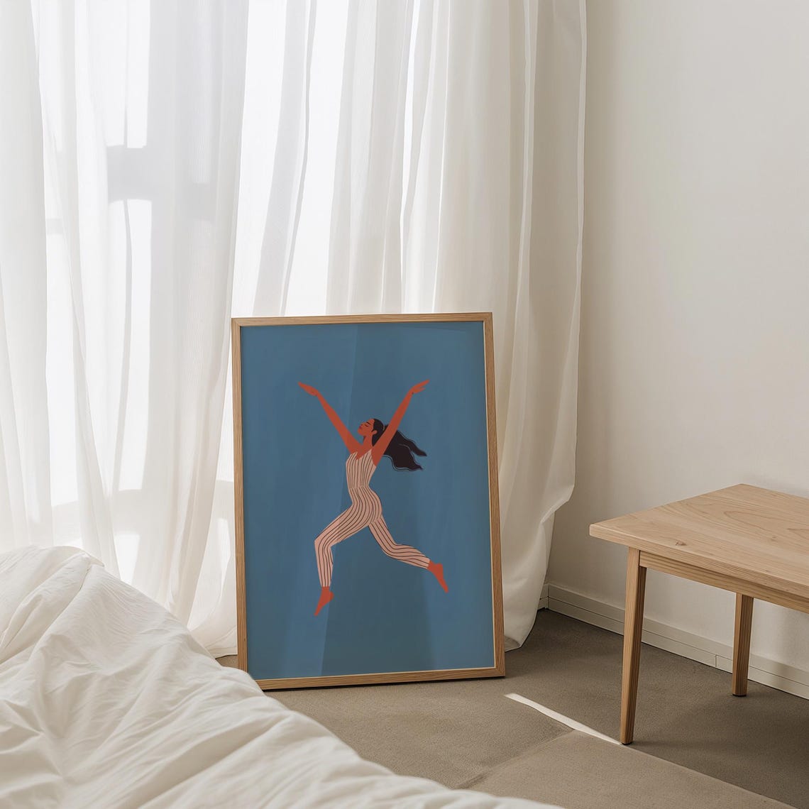 Joyful Dancing Woman Leaping Blue Background Illustration Poster - Image 4