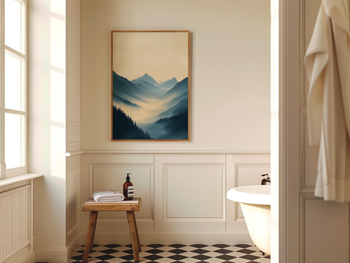 Misty Mountain Valley Landscape in Blue and Cream Tones Poster - Image 4
