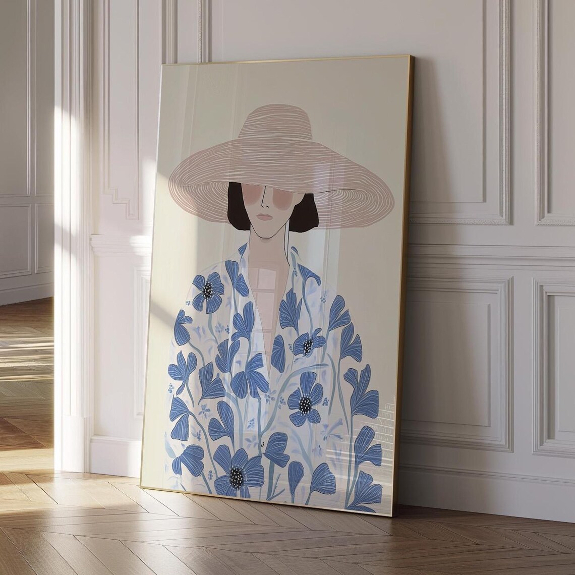 Woman With Wide Brim Hat Blue Floral Fashion Illustration Poster