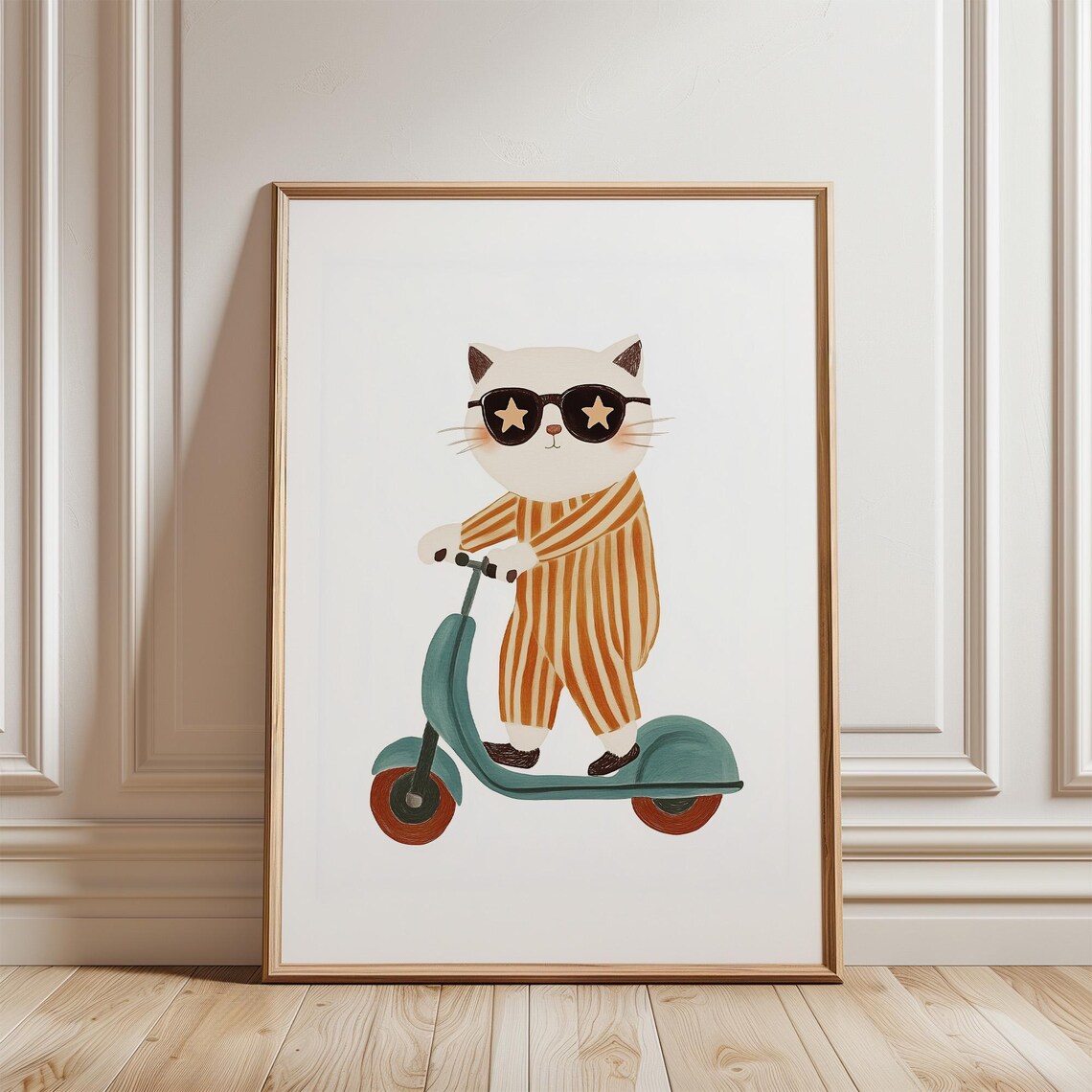 Playful Cool Cat Star Sunglasses Riding Scooter Nursery Art Poster