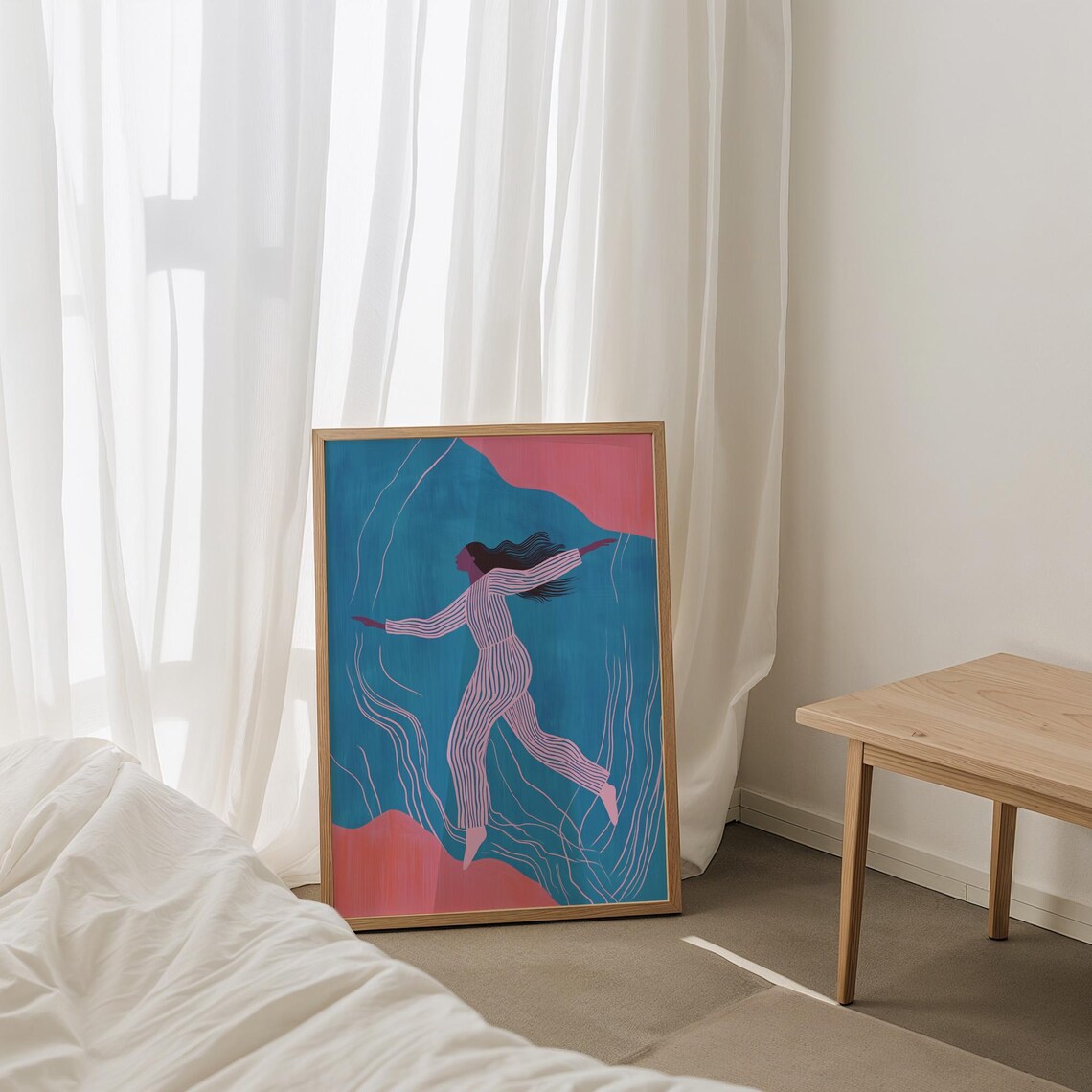 Dancing Woman in Stripes Teal and Pink Modern Illustration Poster - Image 4