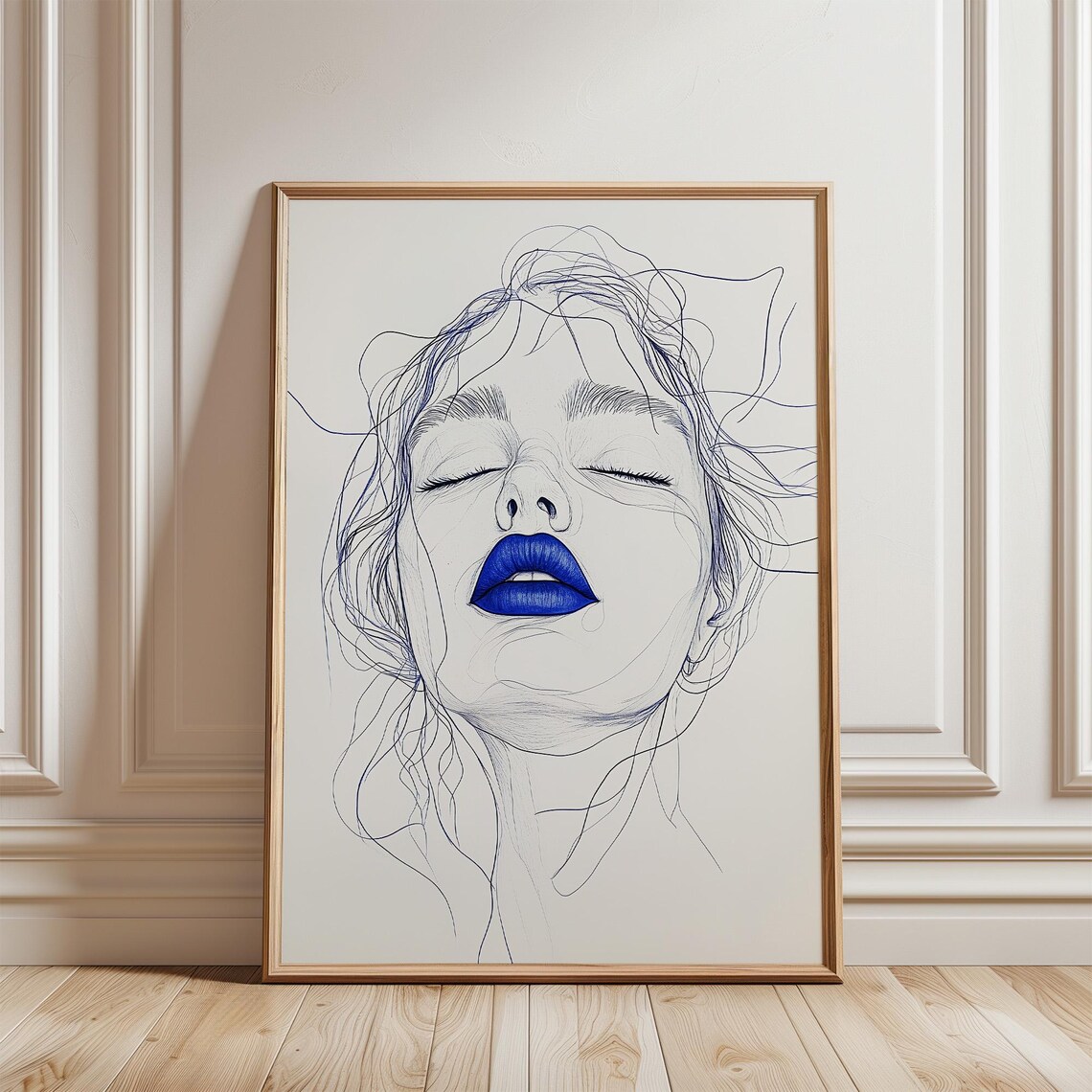 Minimalist Blue Lips Line Drawing Woman Face Portrait Wall Print