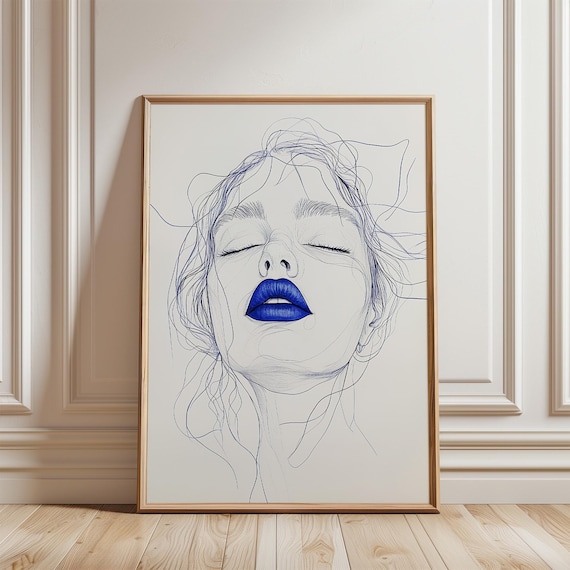 Minimalist Blue Lips Line Drawing Woman Face Portrait Wall Print