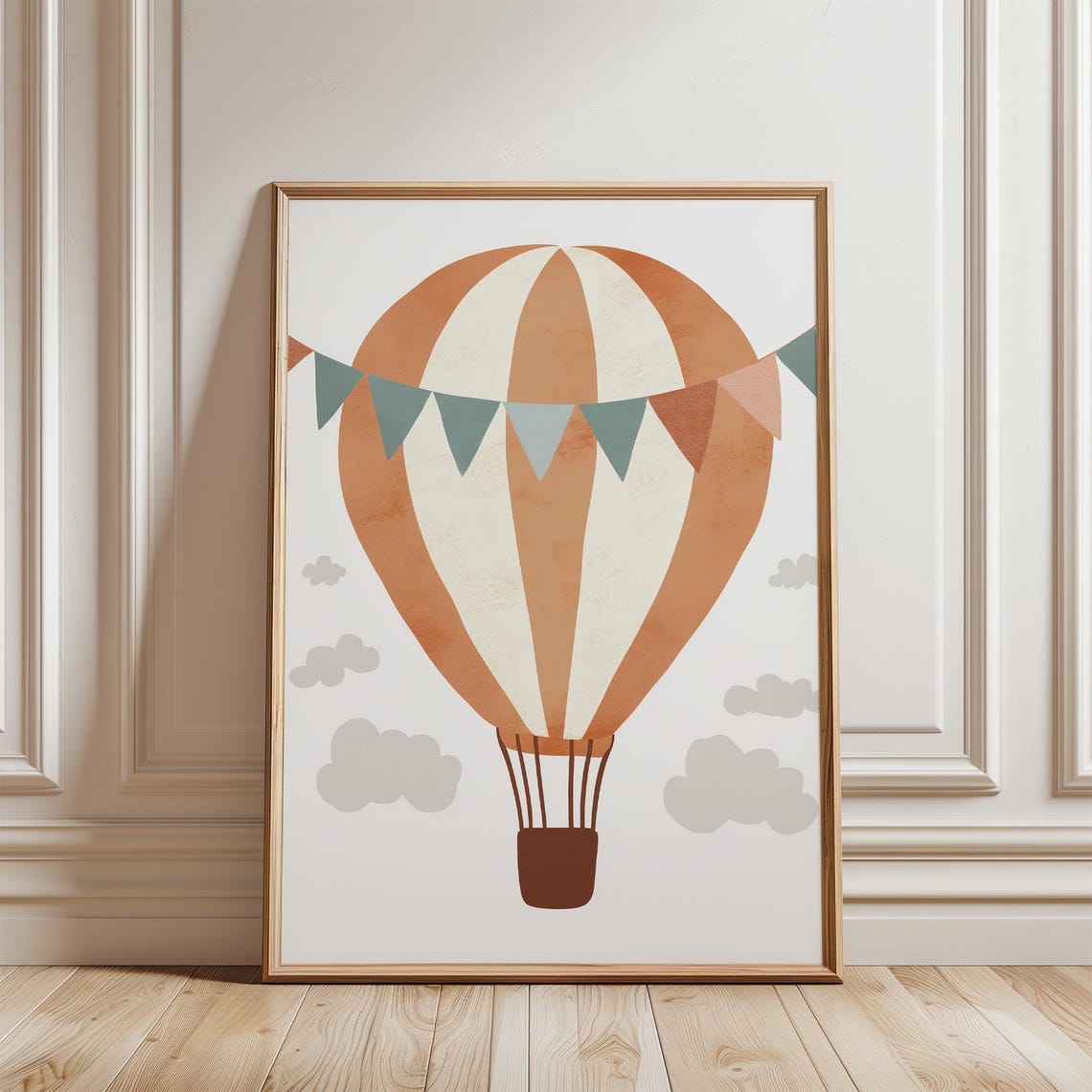 Sweet Boho Terracotta Striped Hot Air Balloon Nursery Decor Poster