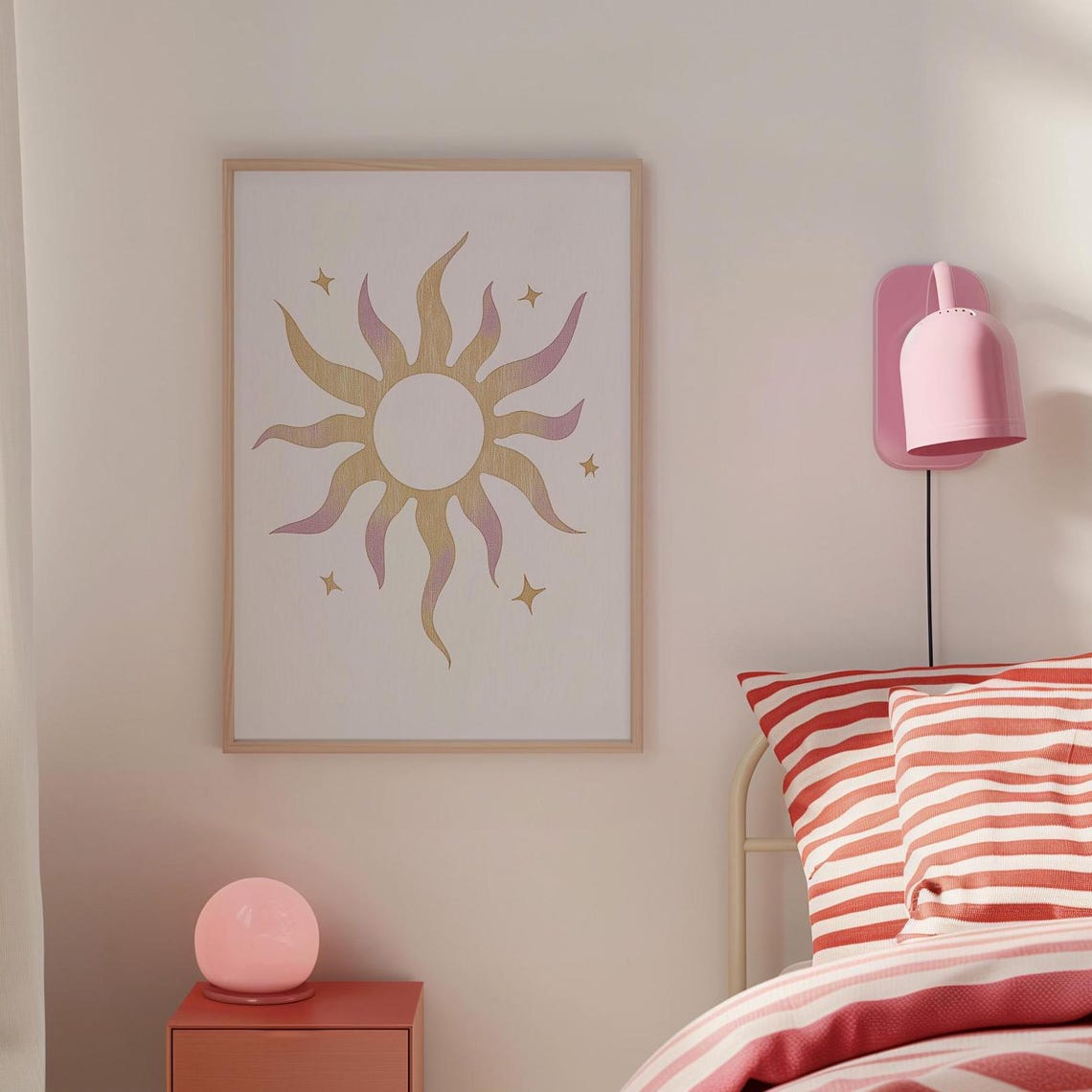 Warm Boho Gold Sun With Stars Neutral Nursery Wall Art Decor