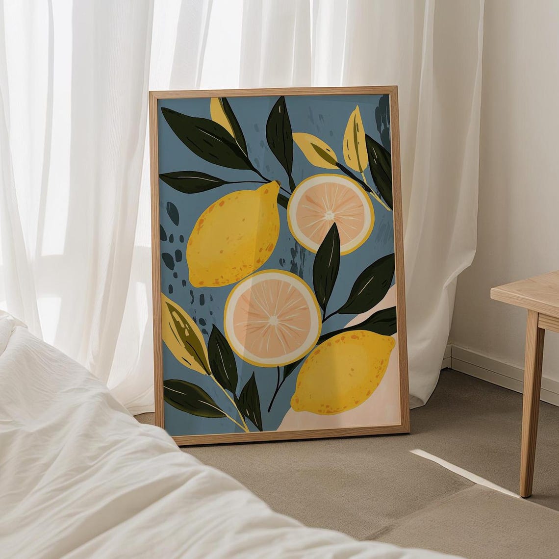 Zesty Lemon Botanical Illustration Blue Kitchen Citrus Poster