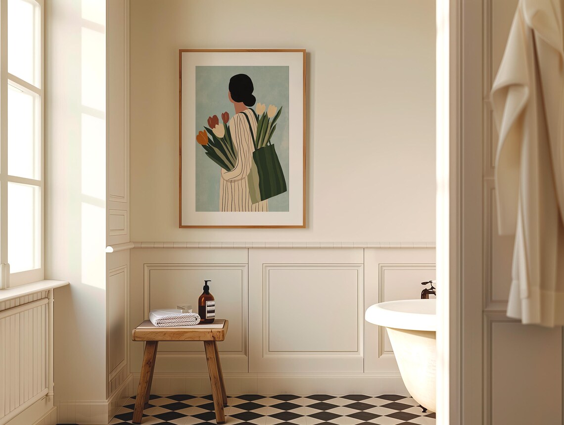 Woman with Tulips and Shopping Bag Minimalist Sage Green Poster - Image 4