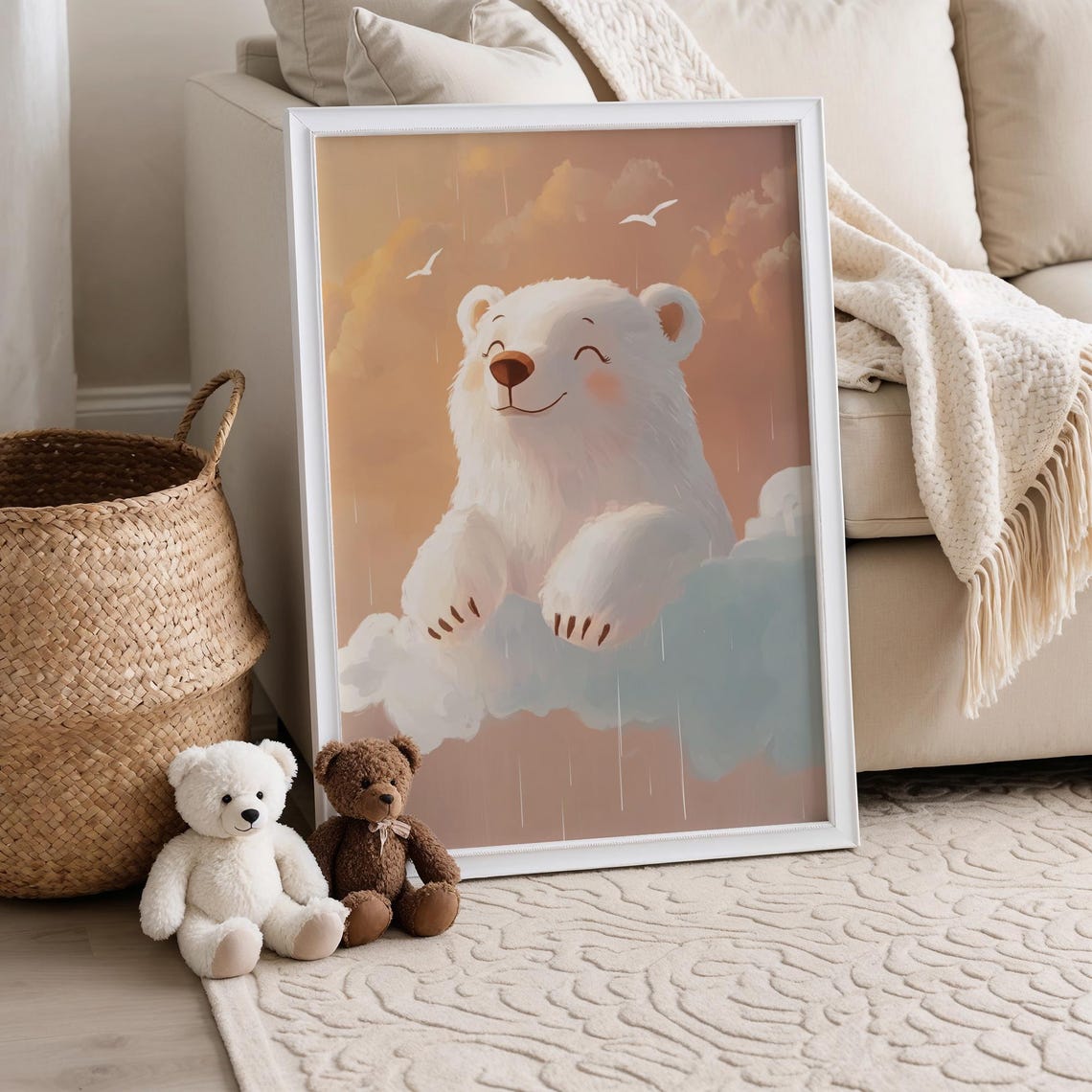 Cute Smiling Polar Bear Sitting on Soft Clouds Nursery Poster - Image 5