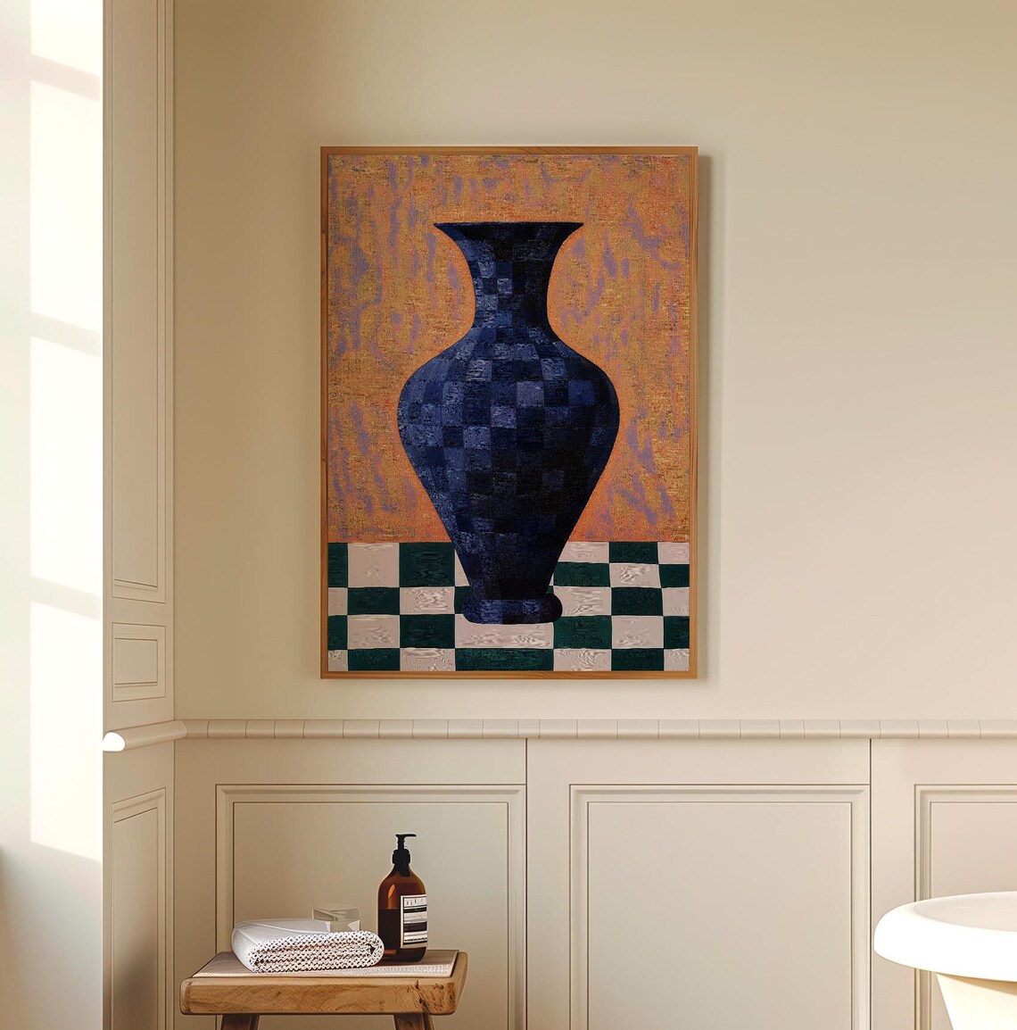 Blue Checkered Vase Still Life Orange Ground Art Wall Poster