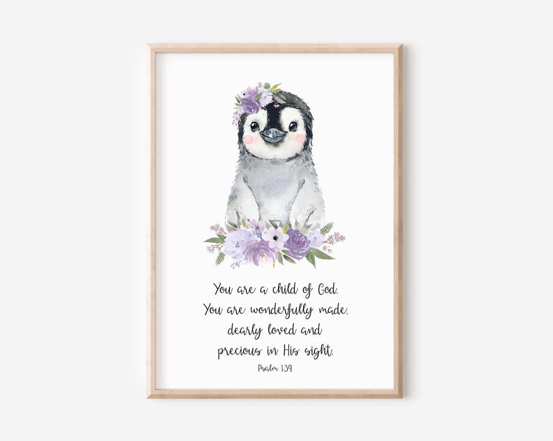 Baby Penguin Floral Crown Psalm 139 Nursery Scripture Wall Art