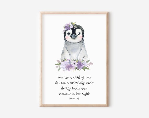 Baby Penguin Floral Crown Psalm 139 Nursery Scripture Wall Art