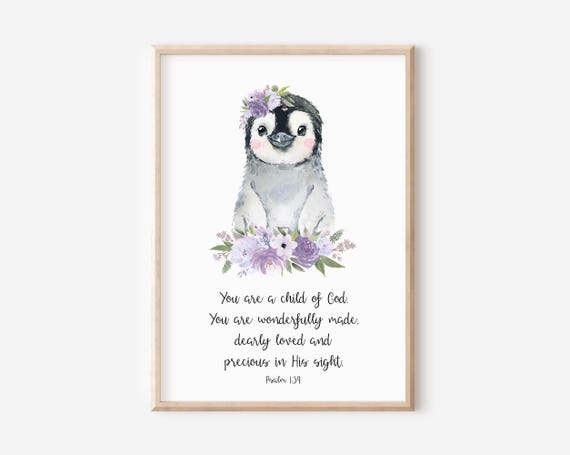 Christian Nursery Decor Psalm 139 You Are A Child Of God Kids Bible Verse Wall Art Baby Girl Scripture Print Lavender Penguin