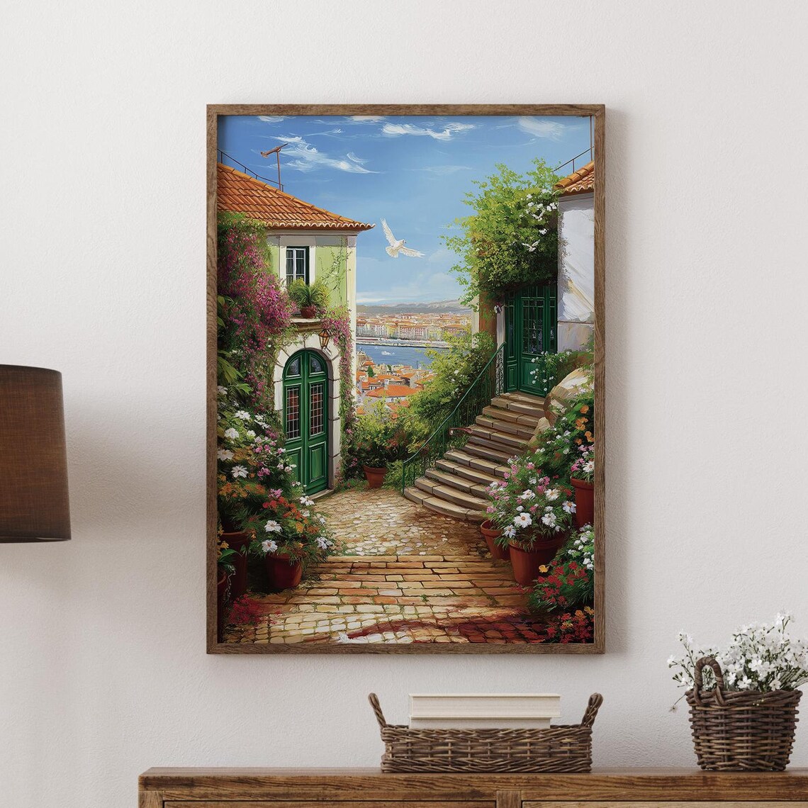 Old Mediterranean Town Cobblestone Alley Flowers Painting Poster