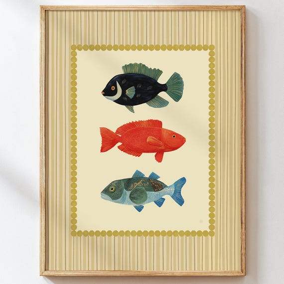 Vintage Bathroom Fish Art Print, Coastal Nautical Decor
