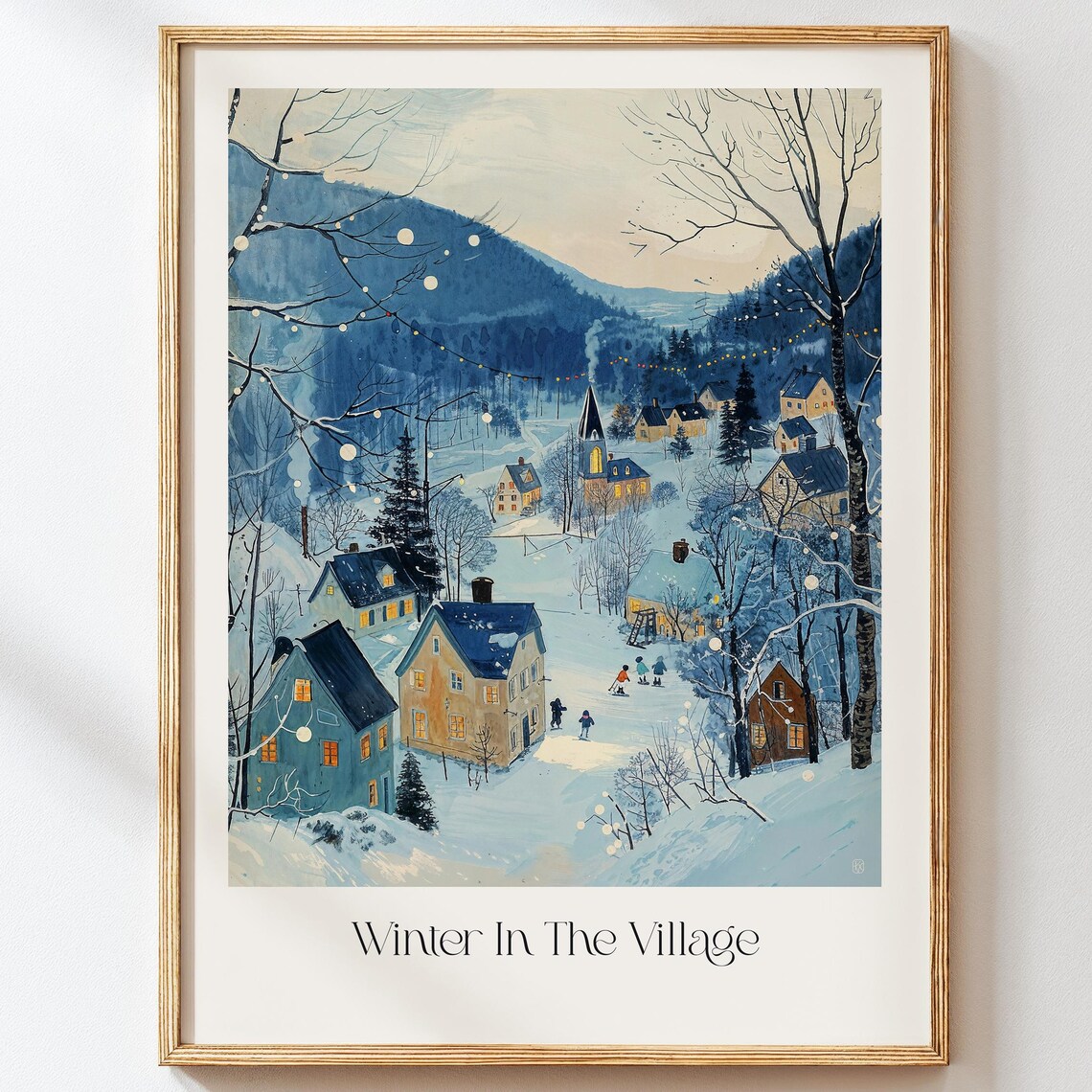 Winter in the Village Poster Snowy Town at Dusk Skaters and Church Spire