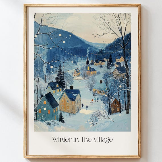 Winter Village Art Print Cozy Snowy Town Illustration Christmas Wall Nordic Landscape Decor