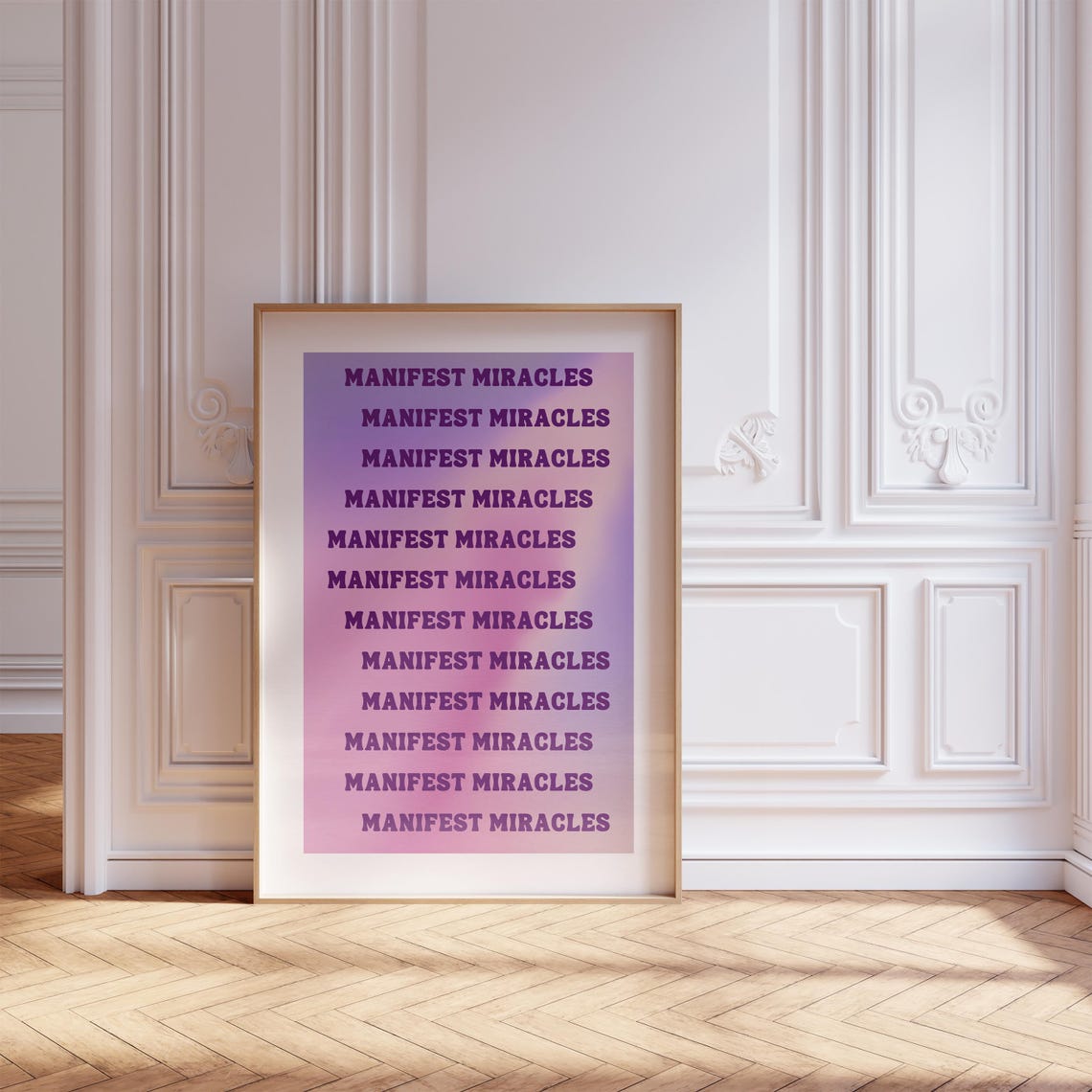Manifest Miracles Repeated Typography Poster Purple Gradient Quote Art
