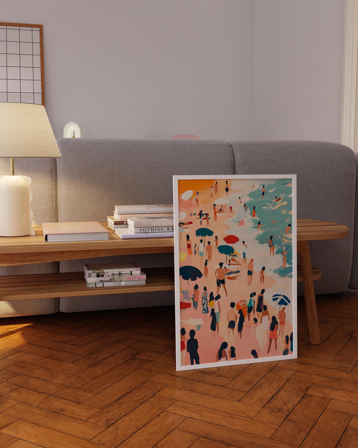Crowded Beach Painting Colorful Swimmers Umbrellas Summer Poster - Image 5