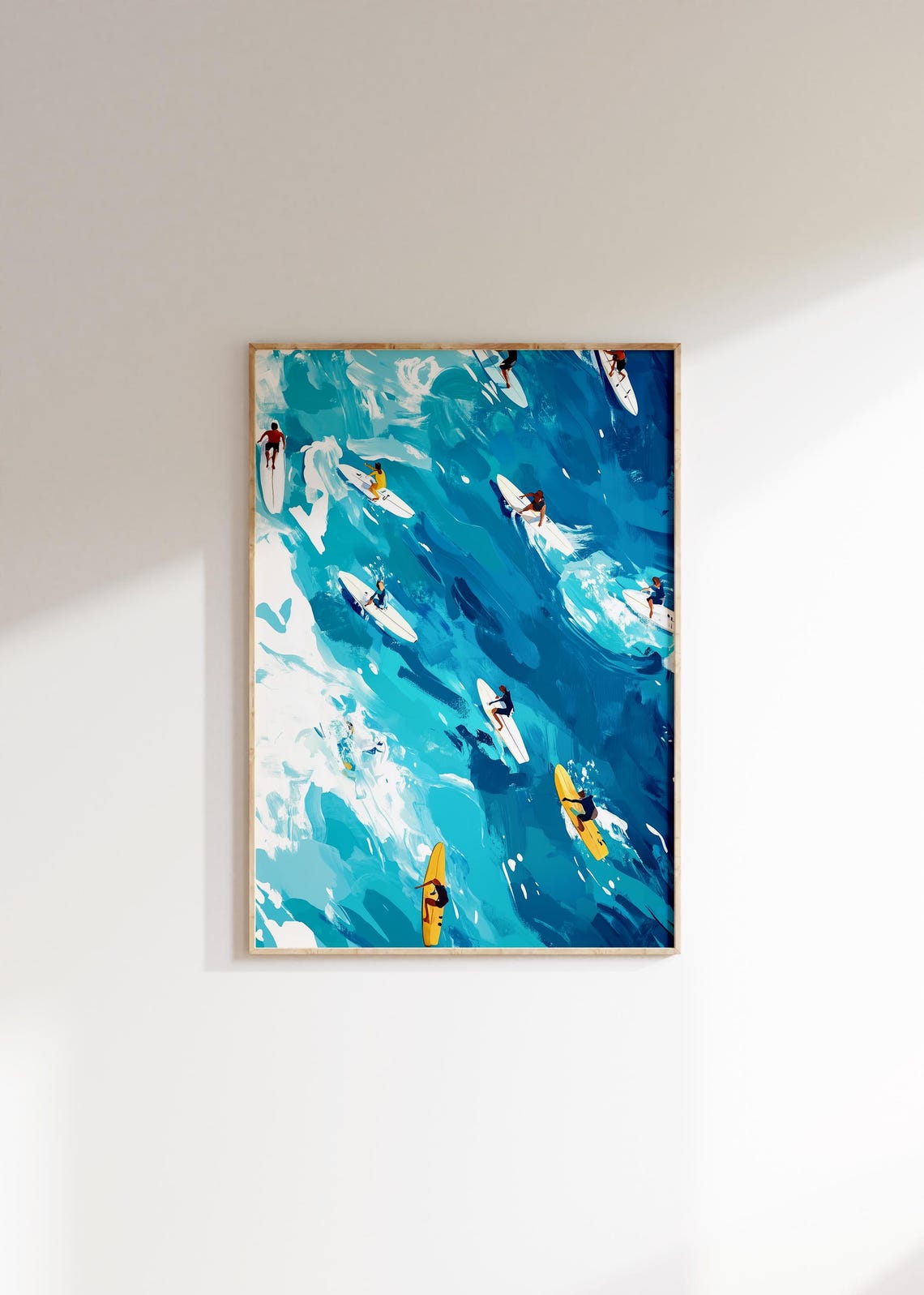 Aerial Surfers Riding Turquoise Waves Watercolor Ocean Poster - Image 4