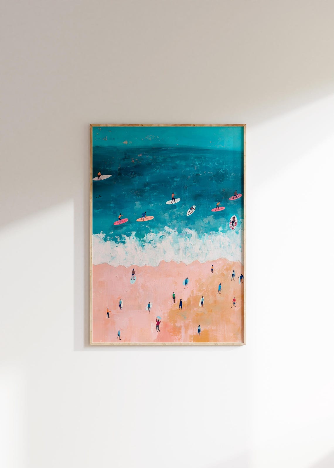 Aerial Surf Beach Painting Poster Surfers Pink Sand Ocean Decor Art - Image 4