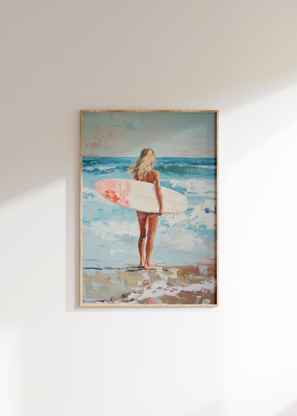 Blonde Surfer Girl Pink Surfboard Shoreline Watercolor Poster - Image 4