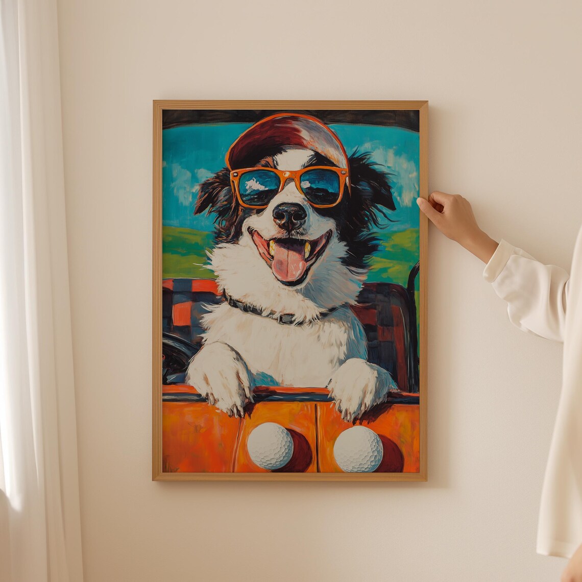 Border Collie Golfer Orange Sunglasses Golf Cart Fun Dog Poster