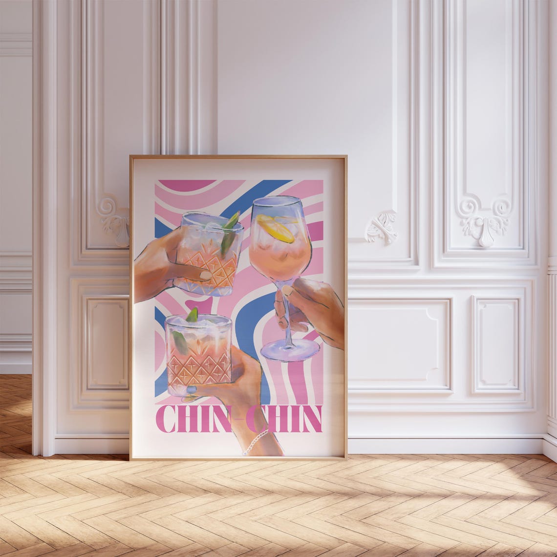 Chin Chin Cheers Cocktail Poster Friends Toasting Colorful Pop Art