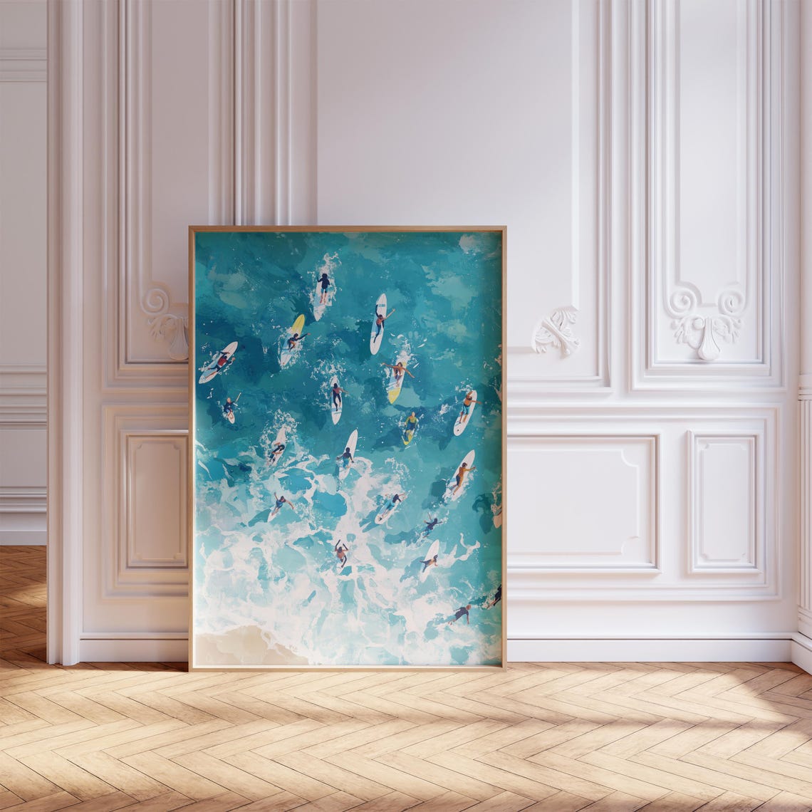 Surfers Paddling Aerial Ocean Painting Poster Turquoise Waves Decor