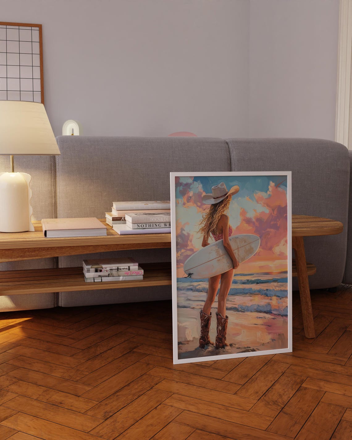 Surfer Cowgirl Golden Hour Beach Poster Painterly Ocean Sunset Decor - Image 5