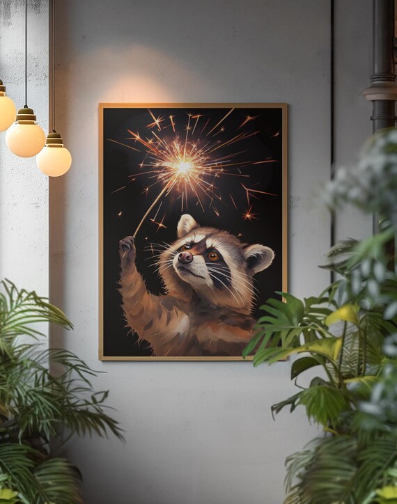 Raccoon With Sparkler Wall Art Funny Animal Holiday Print Whimsical New Years Eve Decor Cute Pet Portrait Gift