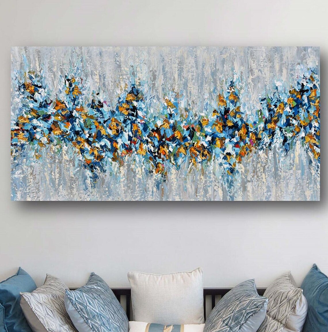 Large Abstract Painting On Original Blue Yellow Gold Modern Wall Art Textured Knife Artwork