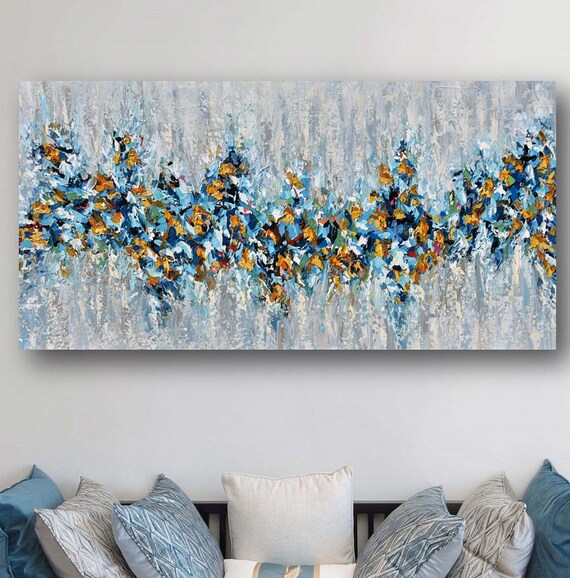 Large Abstract Painting On Original Blue Yellow Gold Modern Wall Art Textured Knife Artwork