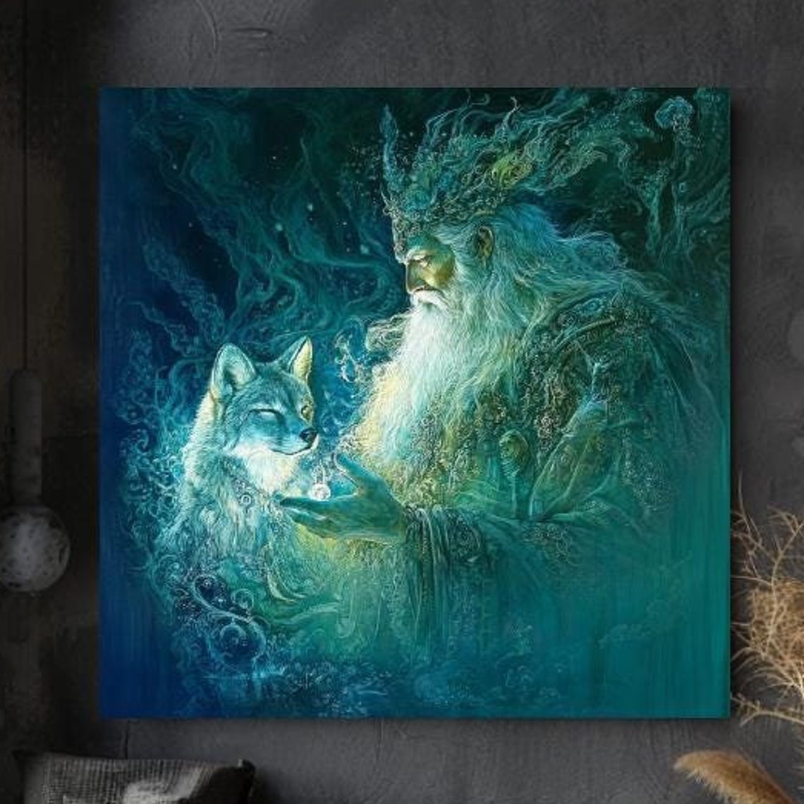 Mystical Wizard with Fox in Teal Magical Forest Fantasy Art Poster - Image 3