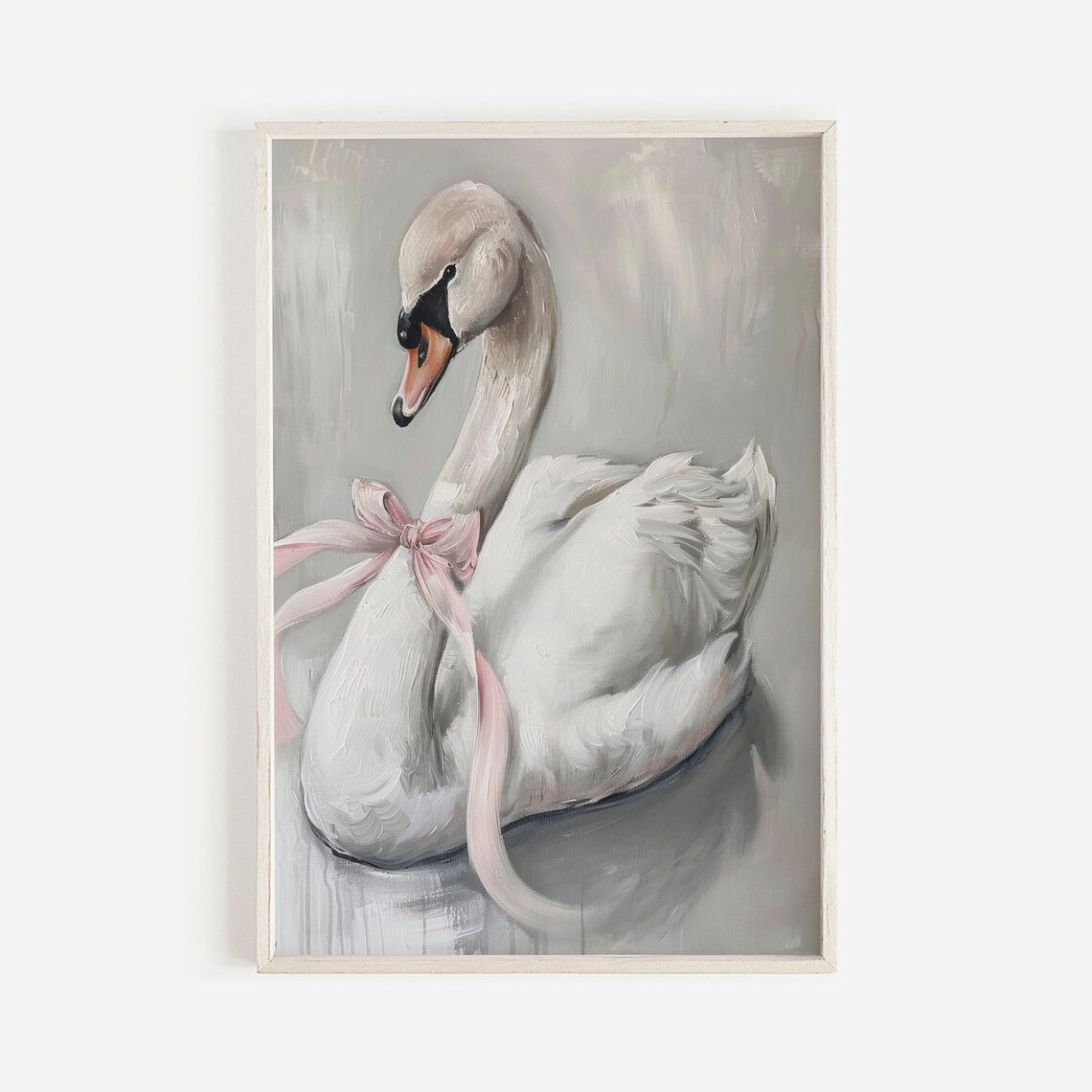 White Swan With Pink Bow Oil Painting Dreamy Coquette Room Wall Art