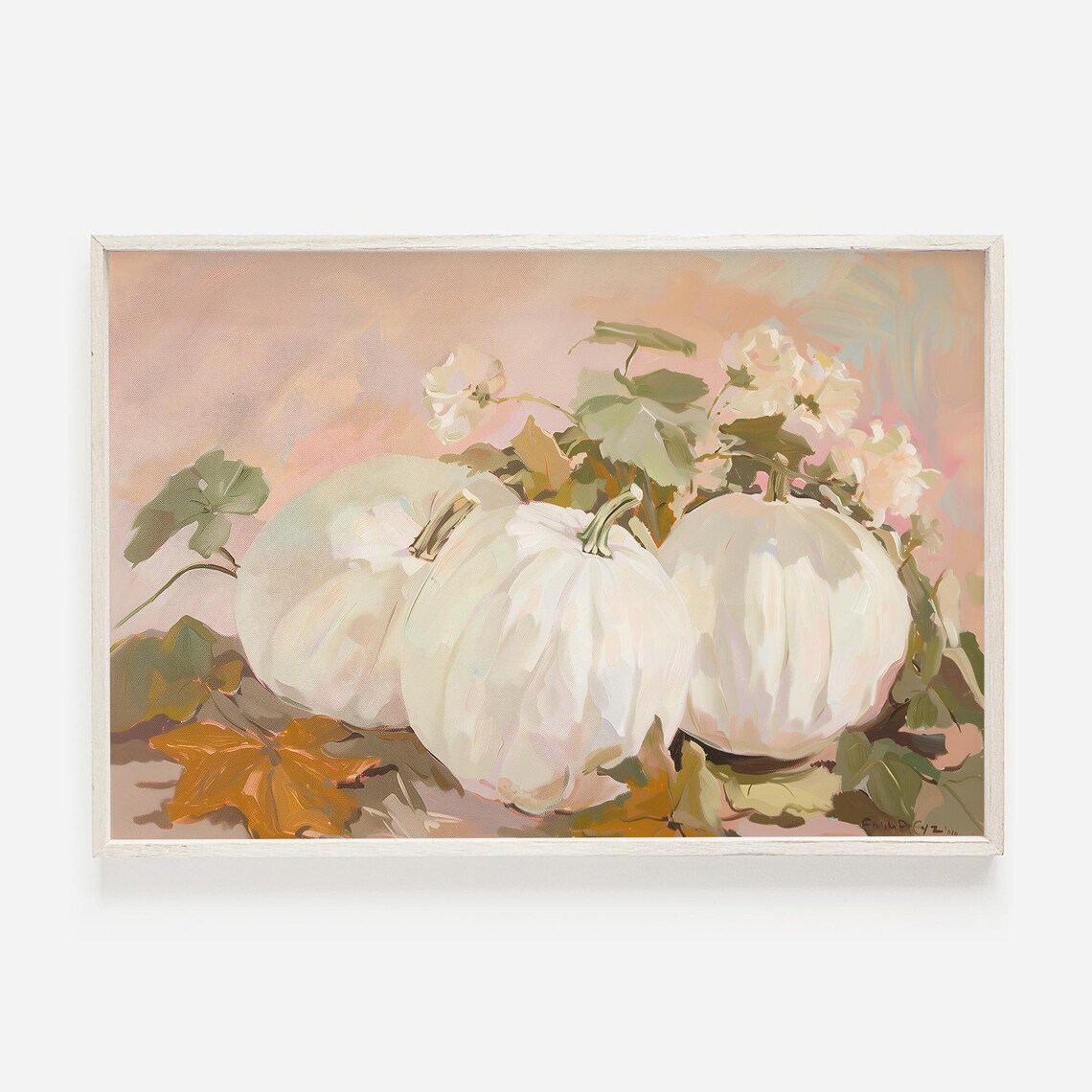 White Pumpkin Still Life Painting Beige Autumn Harvest Farmhouse Wall Art Print