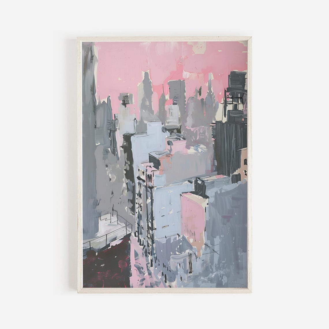 Pink City Skyline Hand Painted Skyscrapers Modern Urban Art Poster
