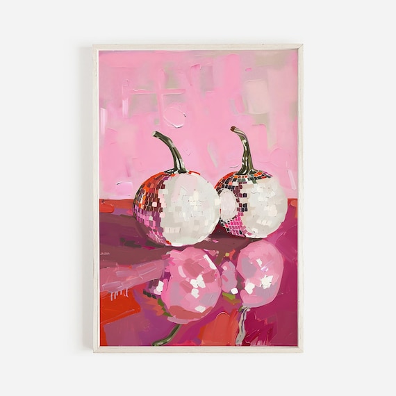 Disco Ball Pumpkin Painting Pink Retro Halloween Party Fall Wall Art Print