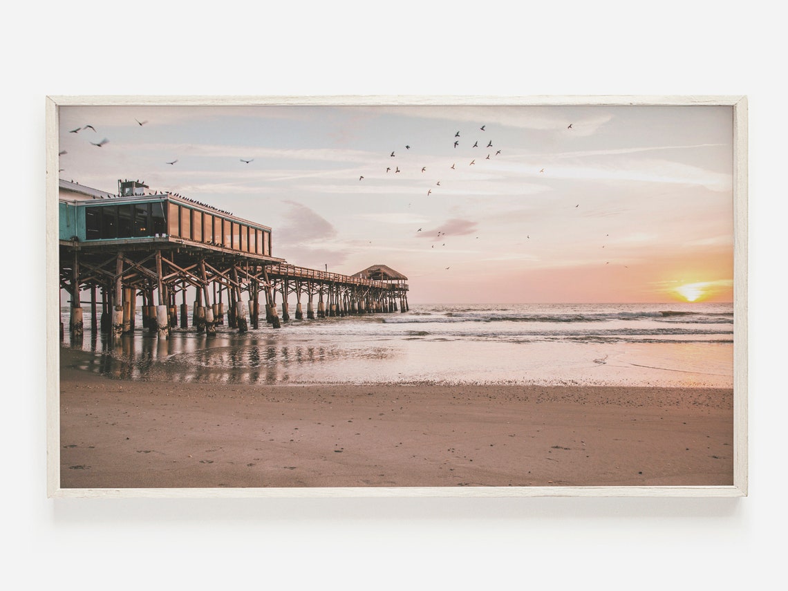 Beach Pier Sunset Seagulls Wooden Boardwalk Ocean View Travel Poster