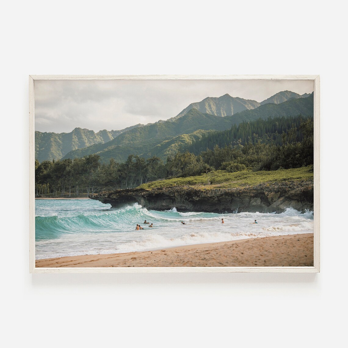 Hawaii Beach Scenery Surfers In Ocean Art Print