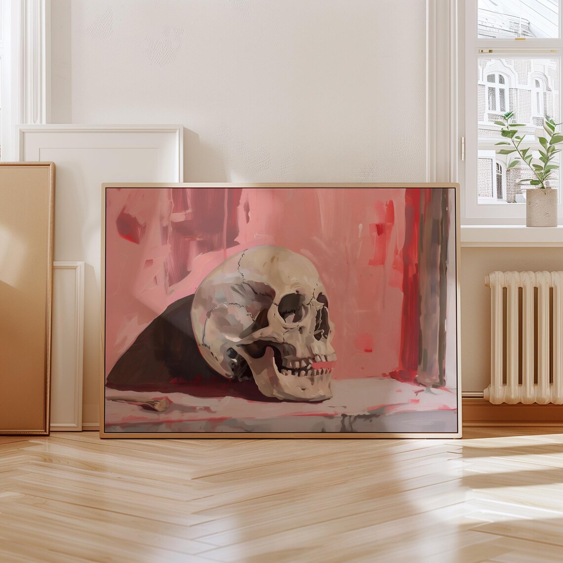 Colorful Skull Still Life Painting Pink Background Gothic Decor Poster - Image 4