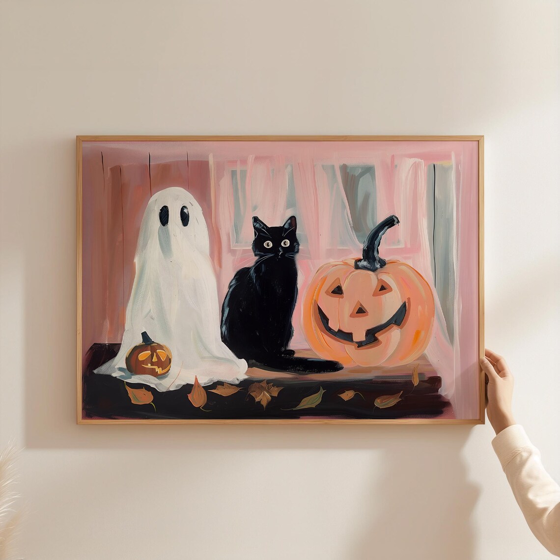 Cute Ghost Black Cat Jack O Lantern Pink Halloween Painting Art Poster - Image 3